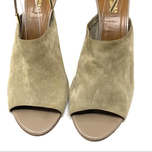 Aquazzura Estelle Leather Suede Cream Grey Taupe Ankle Tie Peep Toe Heels - Picture 8 of 13